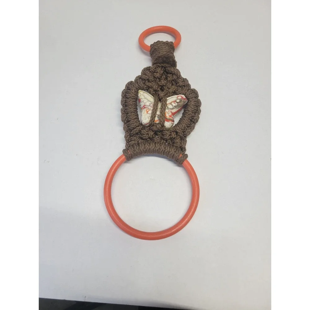 Vintage Macrame Butterfly Towel Holder Brown Orange Ceramic Retro Boho 70s Decor